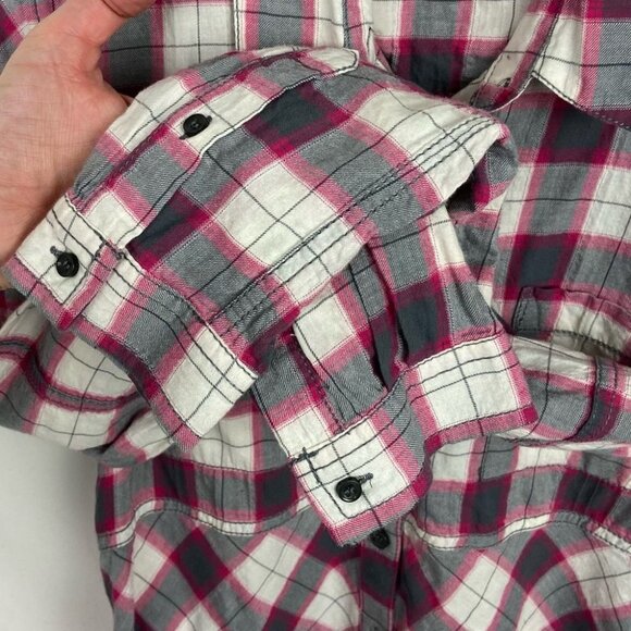 Free People Pink Grey Plaid Button Down Shirt Size XS Long Sleeve Western Boho - Picture 5 of 11
